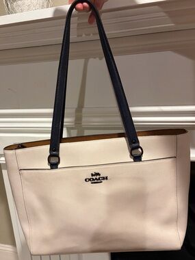 Coach Addison Tote Laptop Bag Chalk Ivory Navy Crossgrain Leather Work Carryall